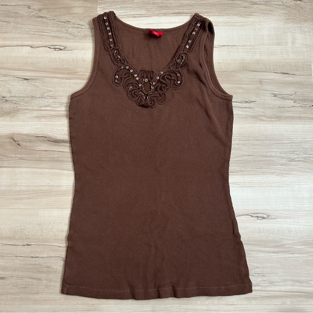 Vintage Mossimo Tank Top Brown Shirt with Sequin Accent Women’s Size Medium Y2K
